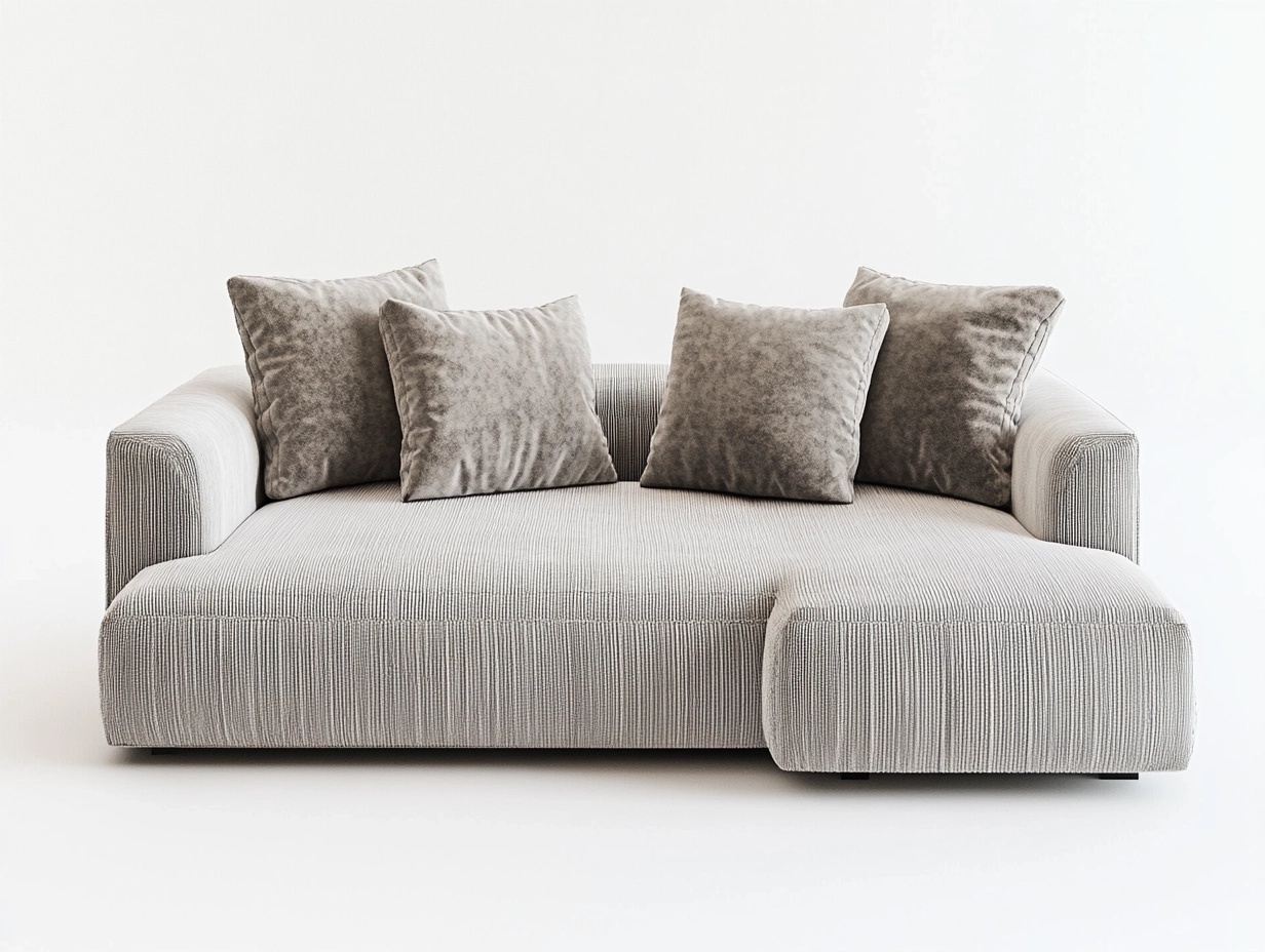 Sofá chaise longue moderno de 250x160cm para salón tapizado en tela gris estilo contemporáneo