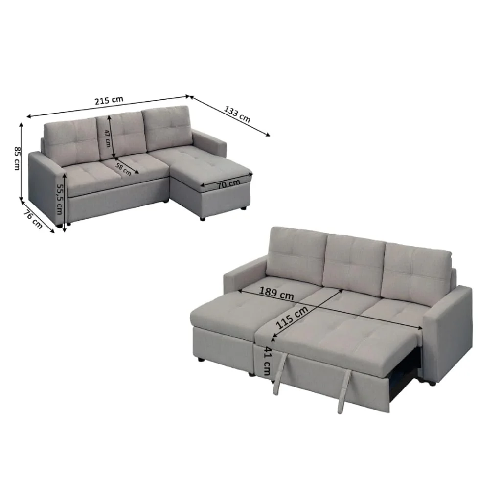 Sofá cama chaise longue reversible con arcón gris claro