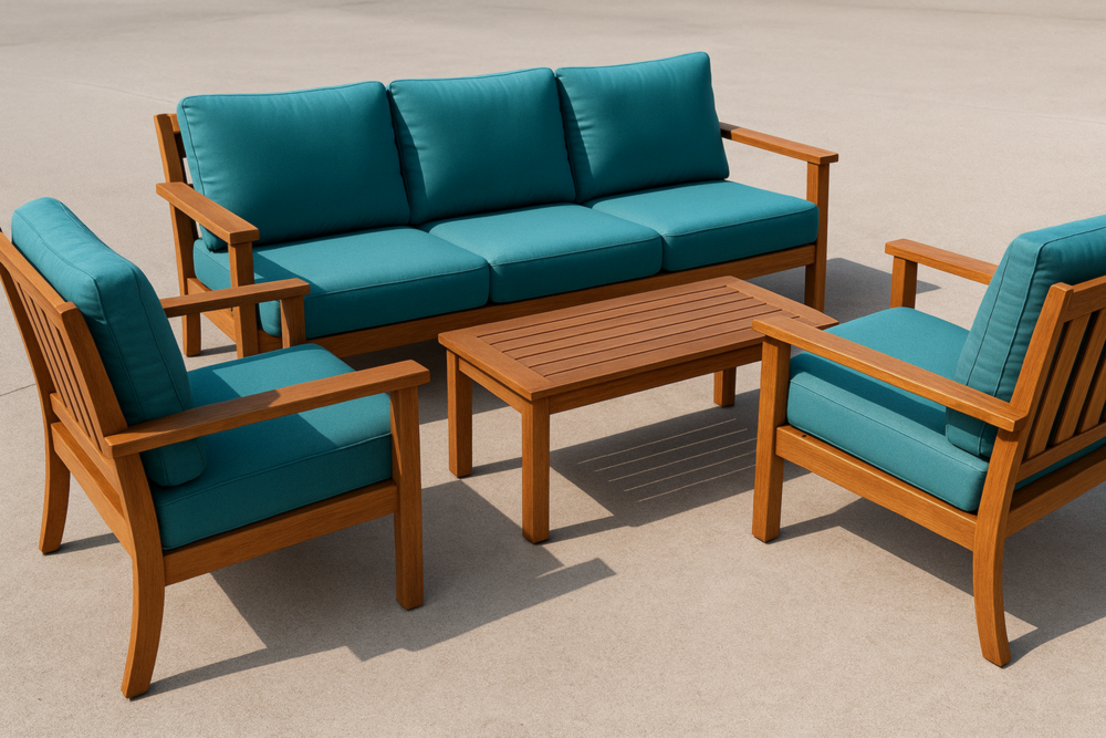 Conjunto de jardín 4 piezas sofá 3 plazas 200 cm, 2 sillones y mesa de centro en teca con cojines azules