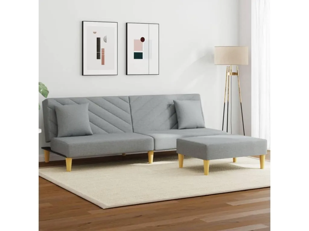 Sofá cama de 2 plazas con almohadas y taburete tela gris claro ottf33207