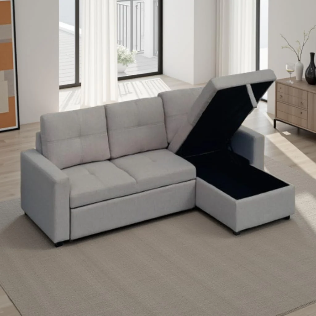 Sofá cama chaise longue reversible con arcón gris claro