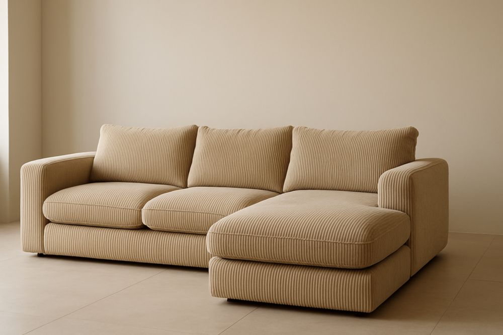 Sofá Seccional de Terciopelo Corduroy Beige con Chaise Longue, 230 cm x 150 cm x 85 cm