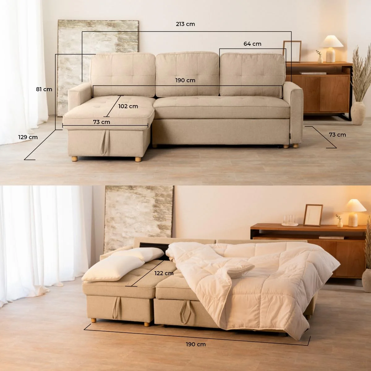 Sofá cama chaise longue reversible con arcón beige