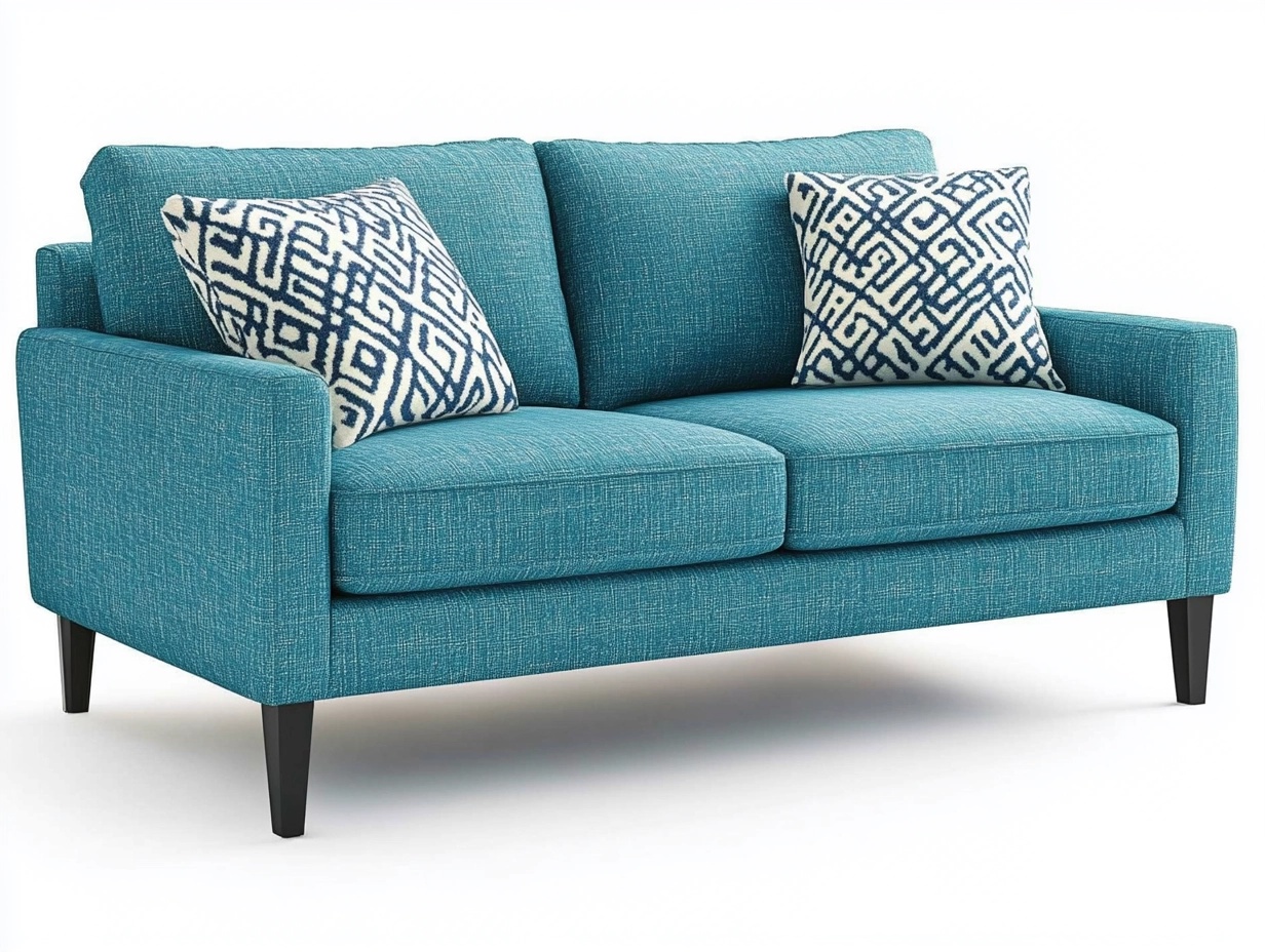 Sofá de dos plazas azul con cojines decorativos