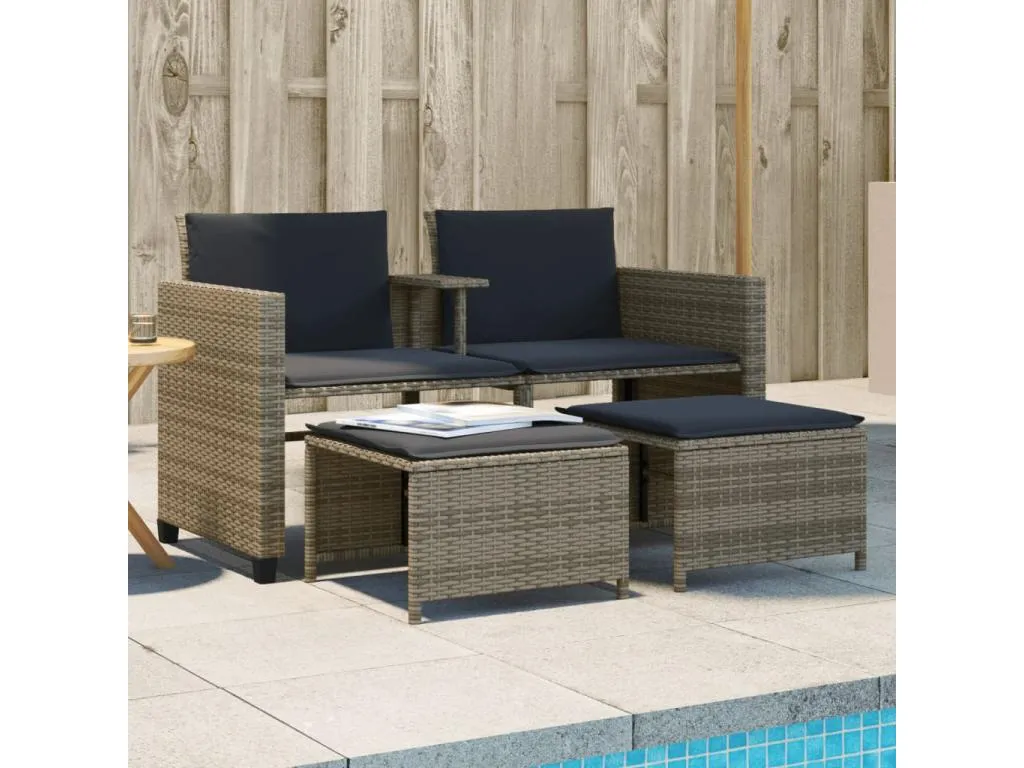 Sofá de jardín 2 plazas con mesa y taburetes ratán PE gris