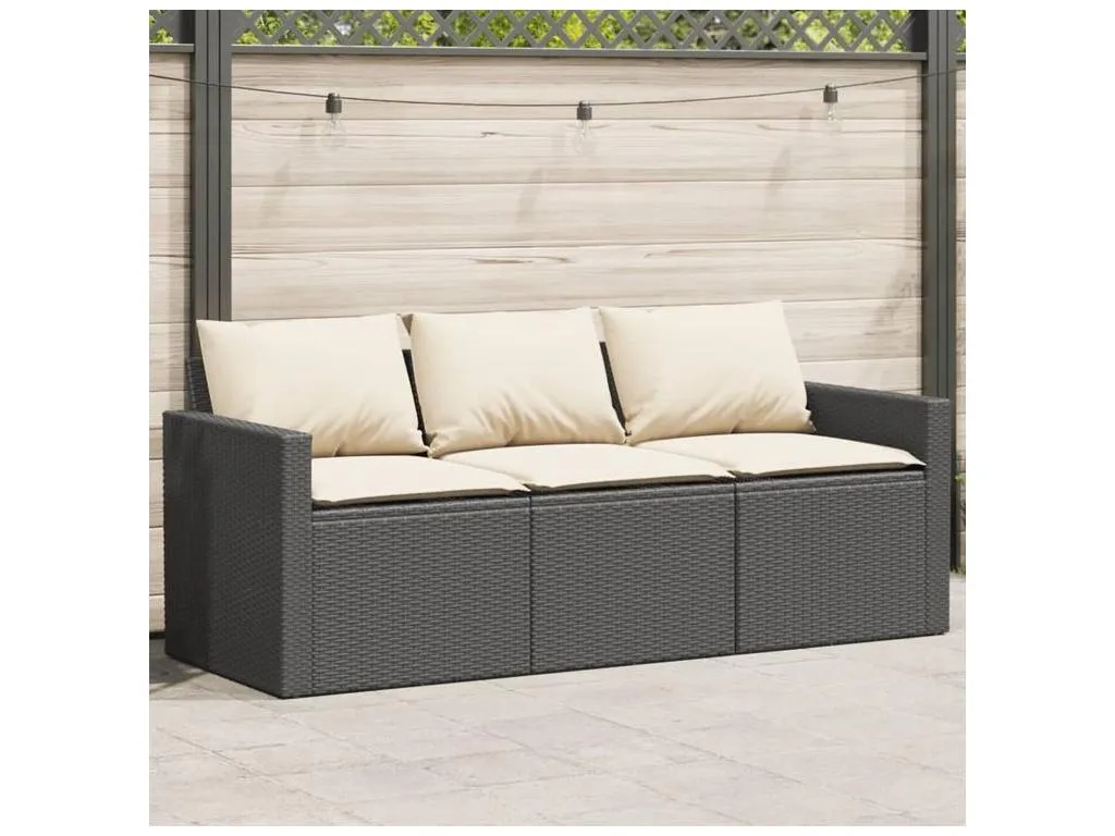 Prietocasa Sofá de jardín de 3 plazas con cojines ratán sintético negro