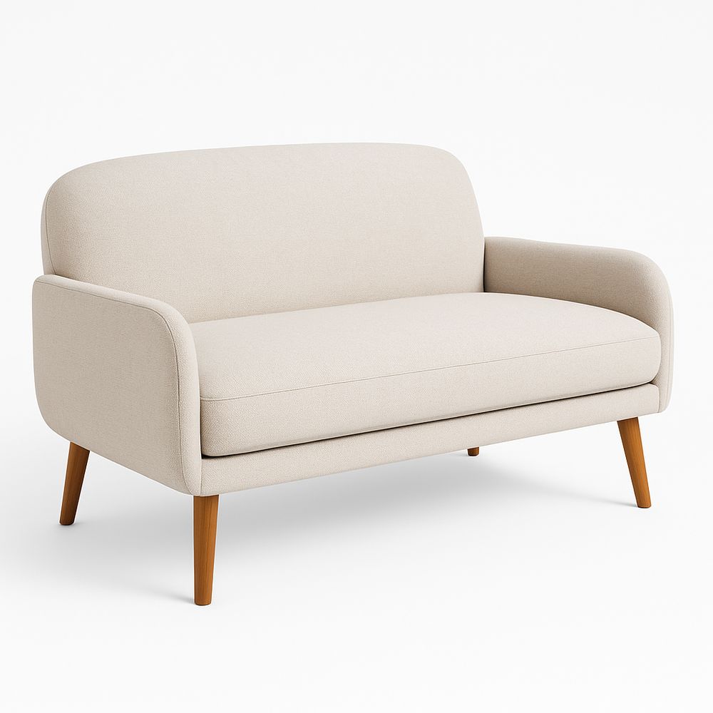 Sofá de dos plazas moderno en color beige,tapizado de tela,patas de madera,estilo escandinavo