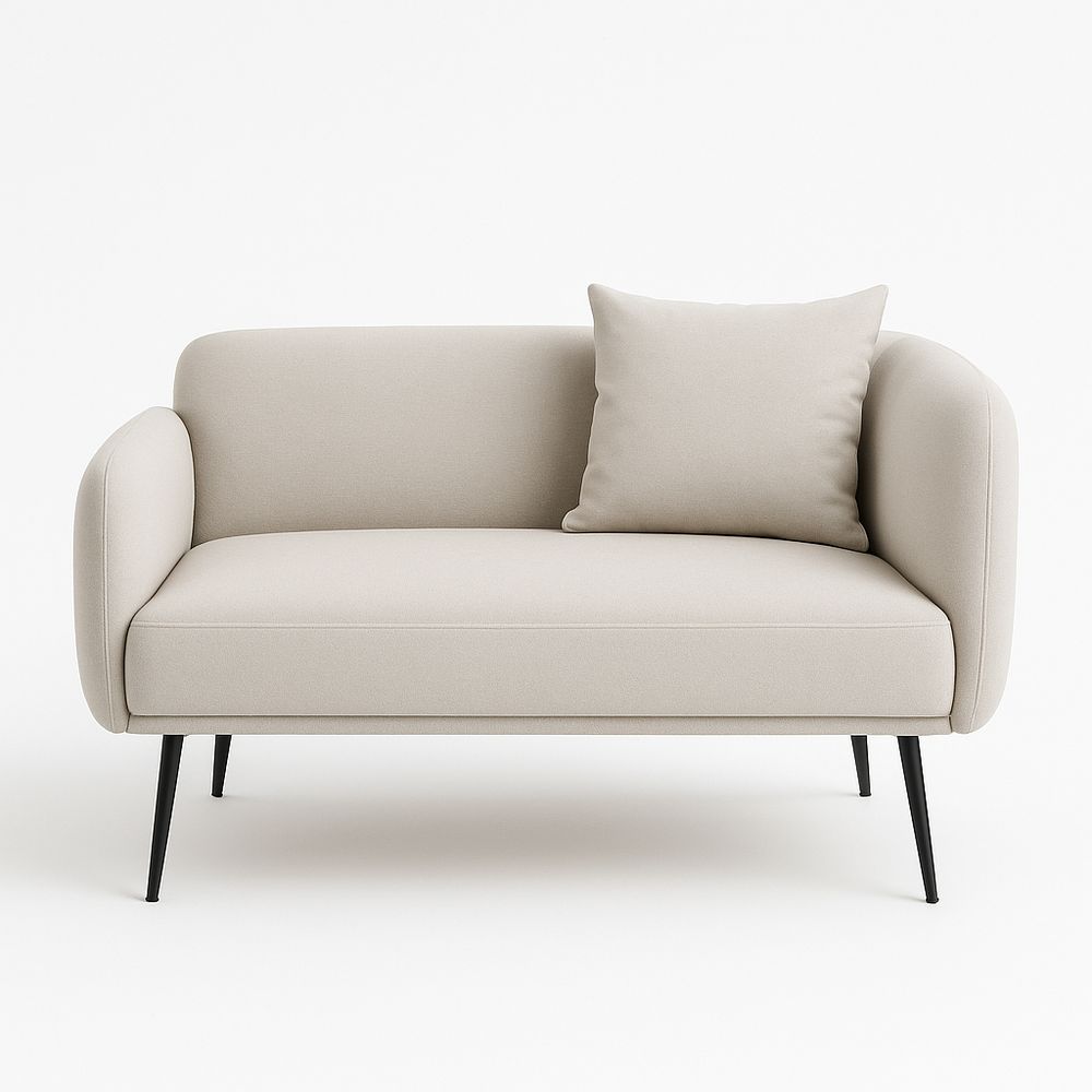 Sofá moderno de dos plazas, color beige, estructura metálica, estilo minimalista, cómodo y elegante