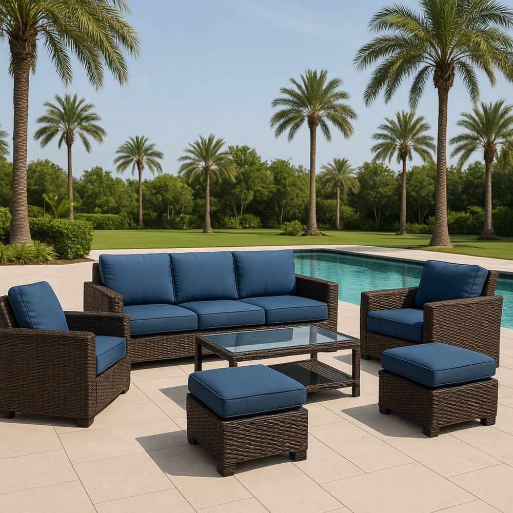 Conjunto de Muebles de Jardín de Ratán Sintético Marrón con Cojines Azules – Sofá de 3 Plazas, 2 Sillones, 2 Reposapiés y Mesa de Centro con Cristal Templado