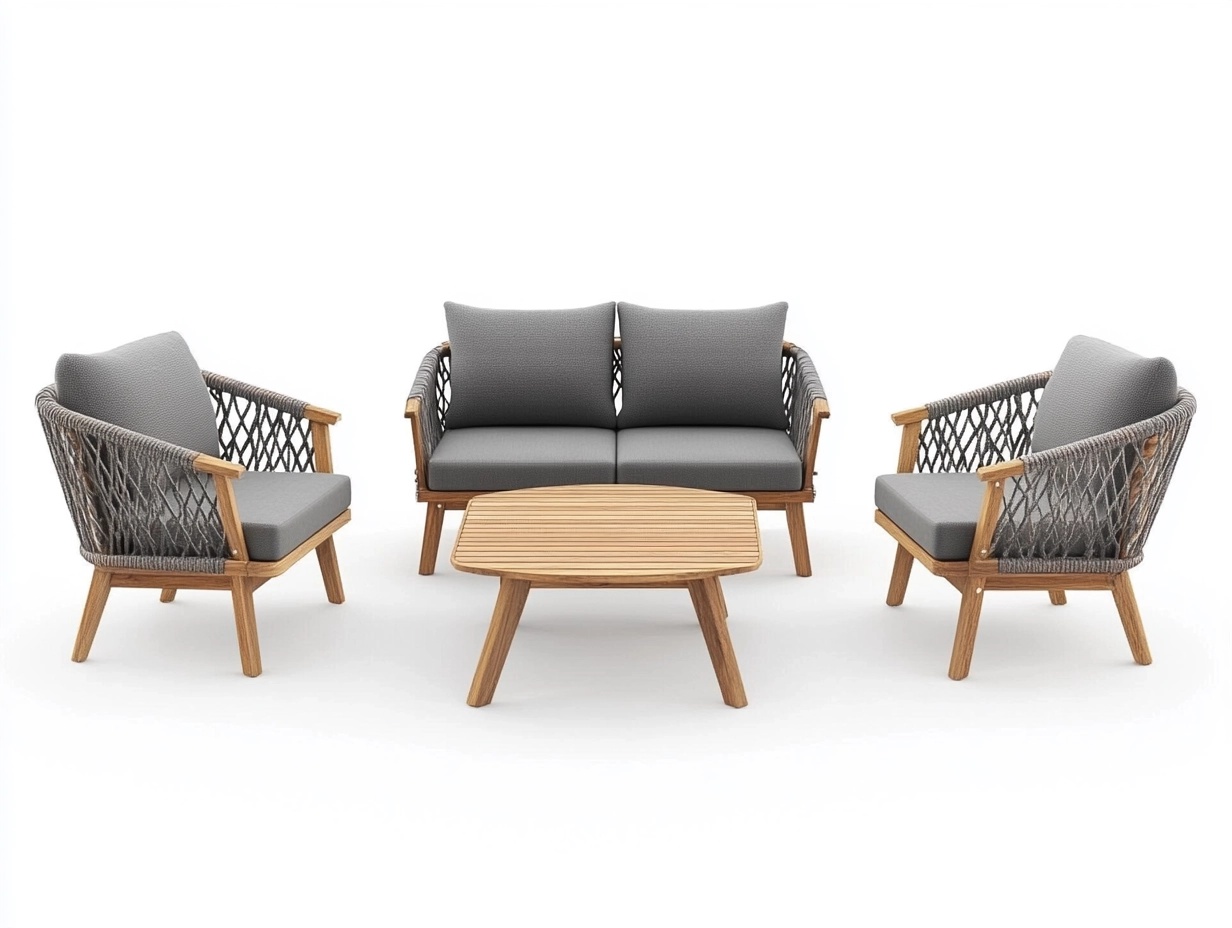 Conjunto de muebles de jardín con sofá de madera y cuerda gris para terraza salón exterior moderno 4 plazas mesa central 220x80 cm vq8436521