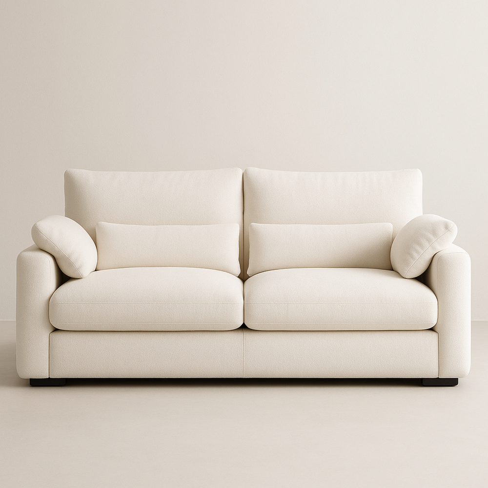 Sofá moderno de 2 plazas, comodidad hogareña, tapizado en tela blanco crema.