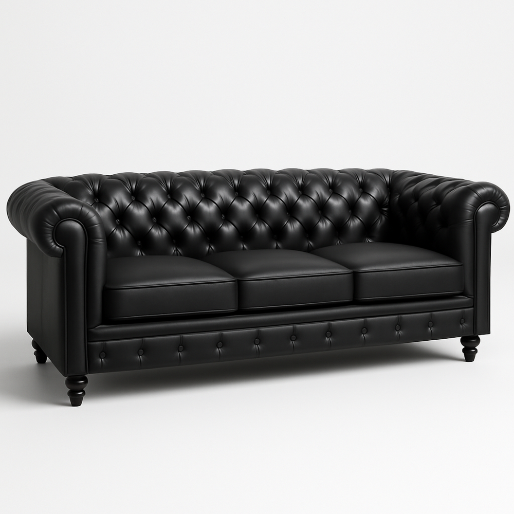 Sofá Chesterfield de Tres Plazas de Cuero para Sala de Estar Negro