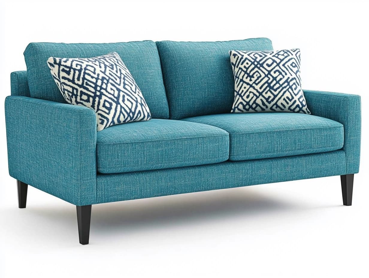 Sofá de dos plazas azul con cojines decorativos