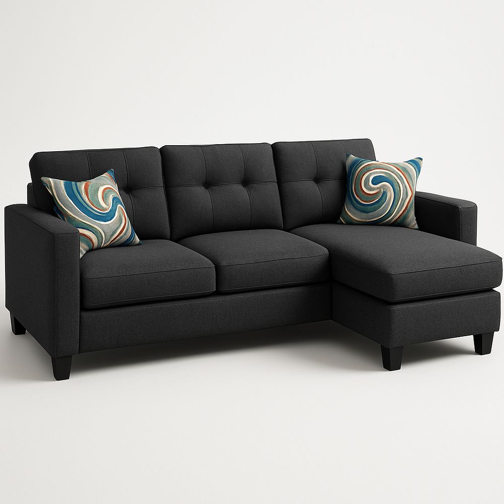 Sofá chaise longue compacto derecho con cojines decorativos, respaldos y asientos desmontables 222×150×85 cm