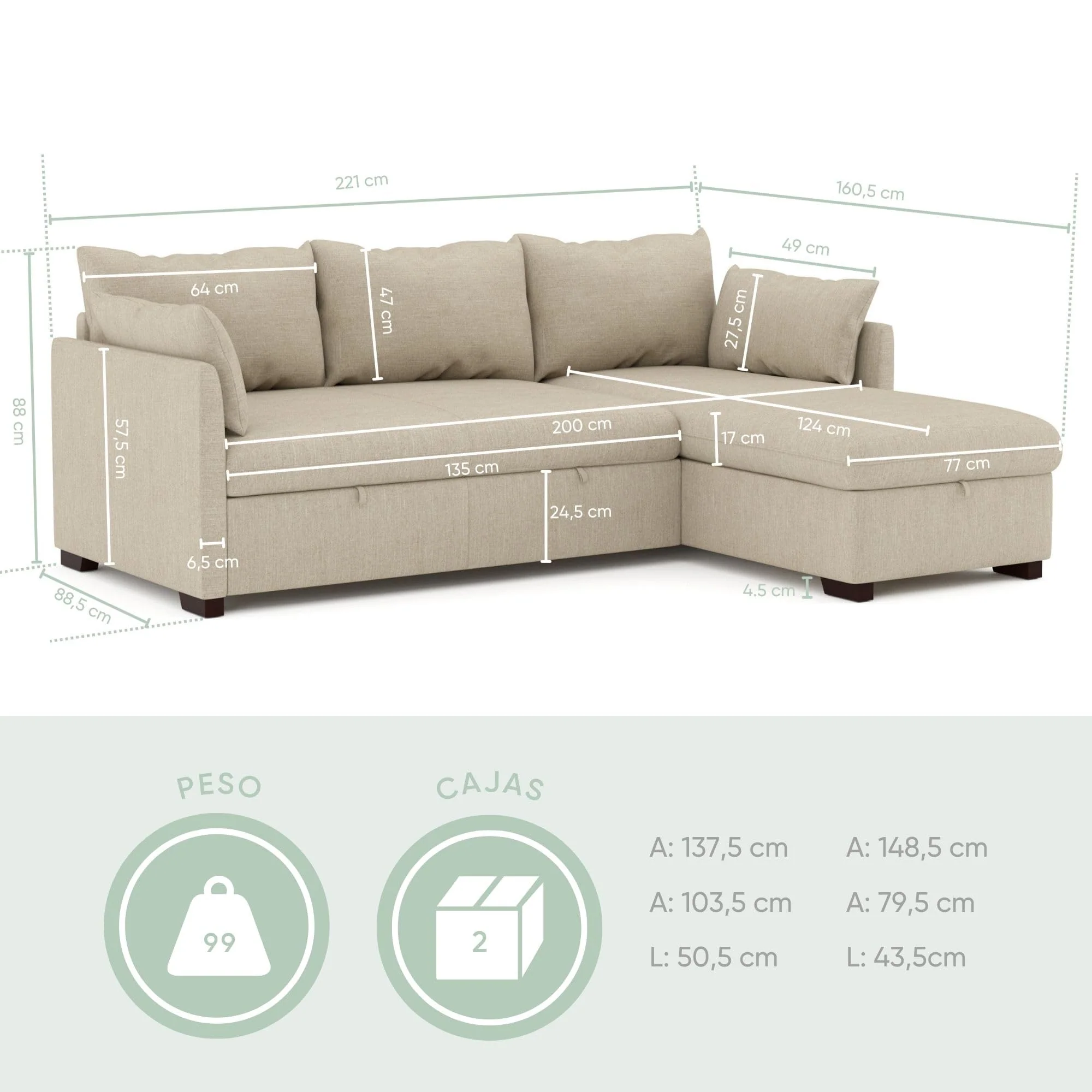 Sofá cama esquinero 4 plazas beige con arcón