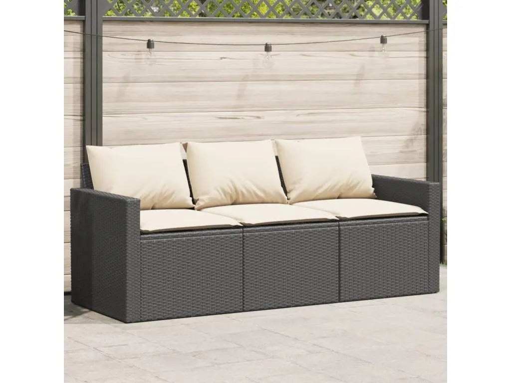 Sofá de jardín de 3 plazas con cojines ratán sintético negro