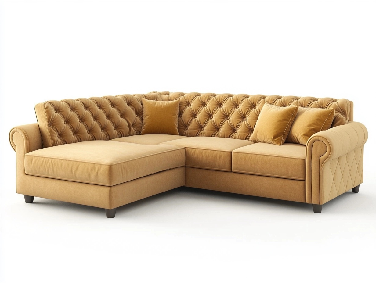 Sofá en L tapizado de terciopelo mostaza para sala de estar diseño clásico con chaise longue 280x180 cm estructura robusta y cojines cómodos