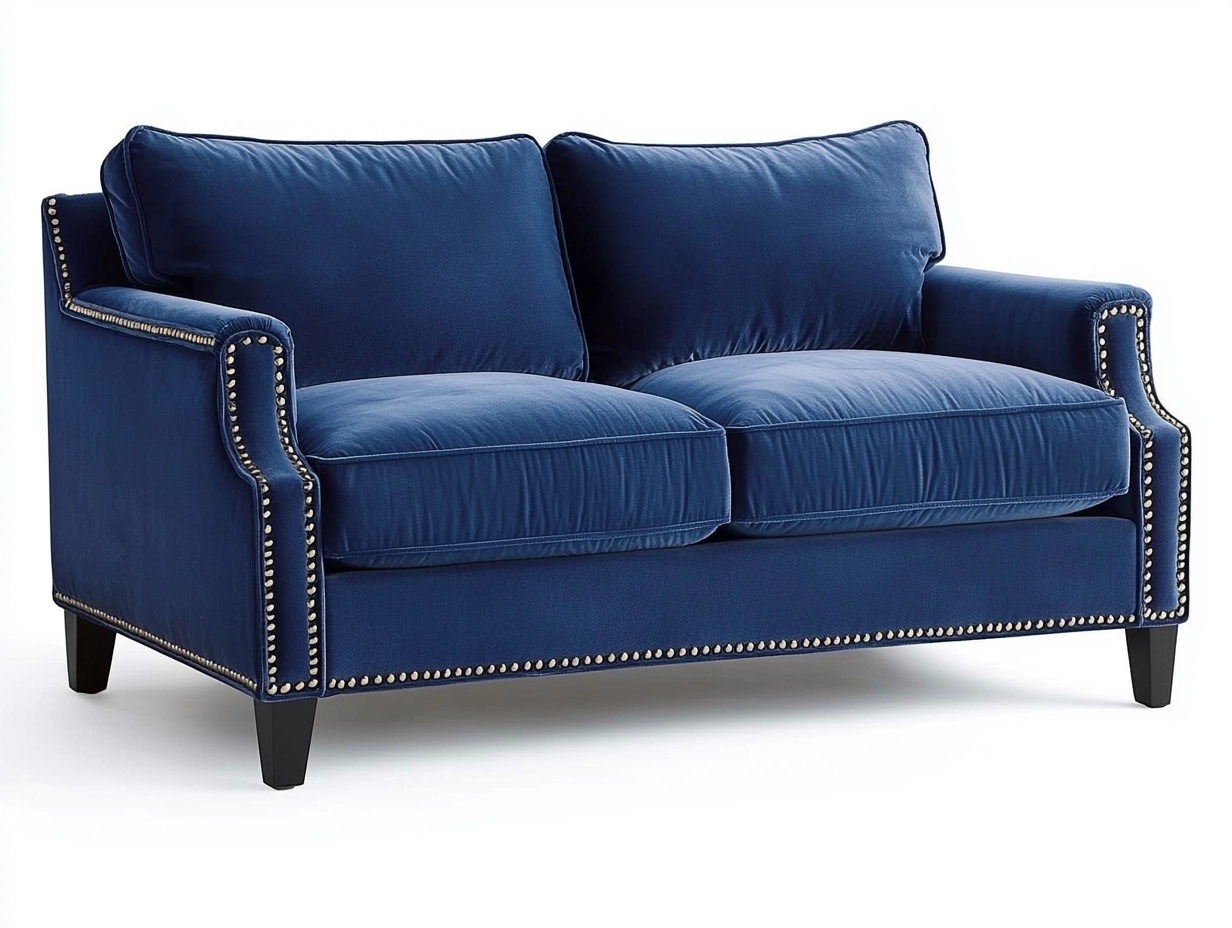 Sofá de Dos Plazas Azul Marino con Tachuelas Moderno 160x85x90 cm para Sala Acolchado de Terciopelo Estructura de Madera