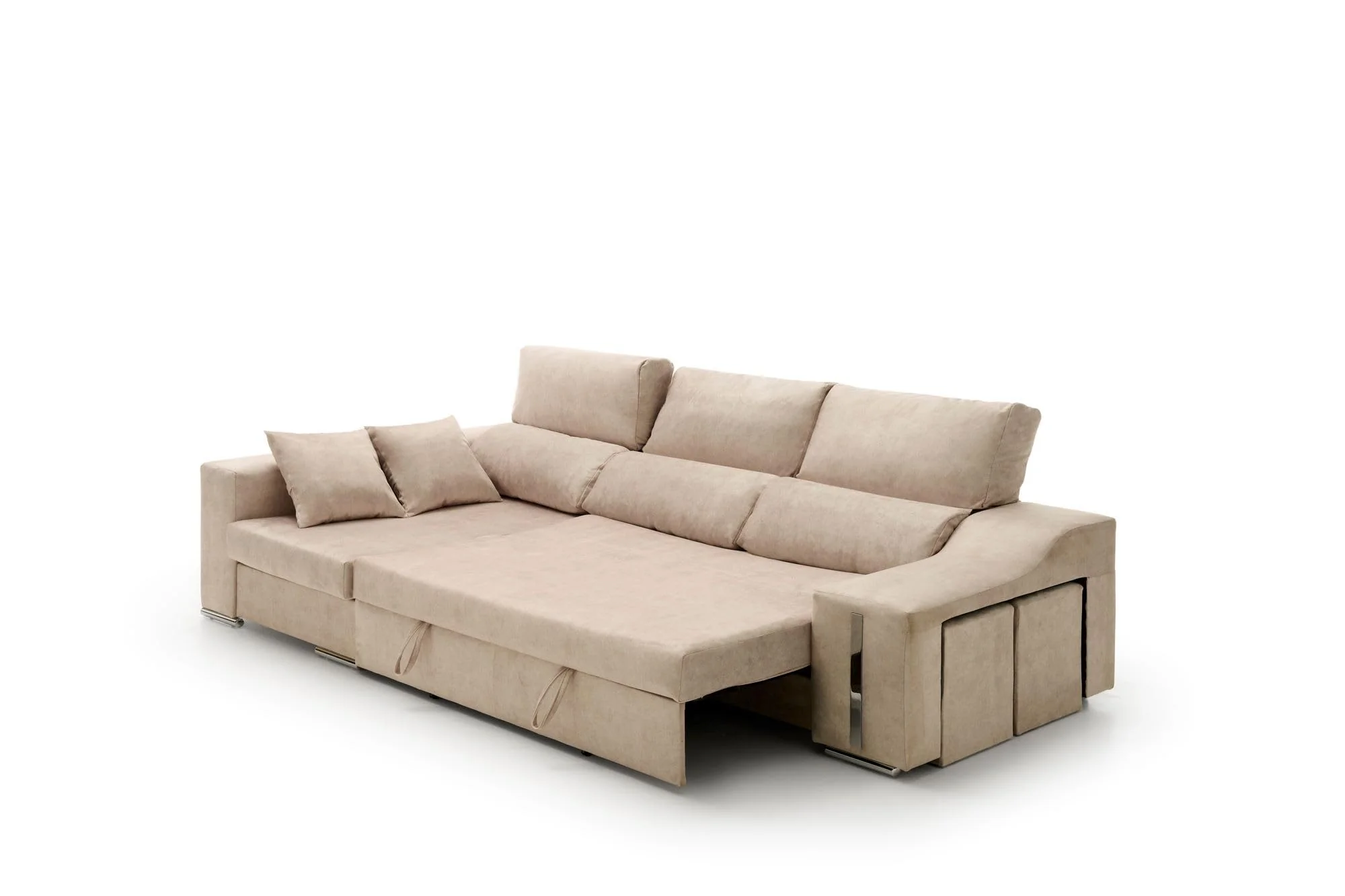 Sofá chaise longue cama con arcón y puff beige
