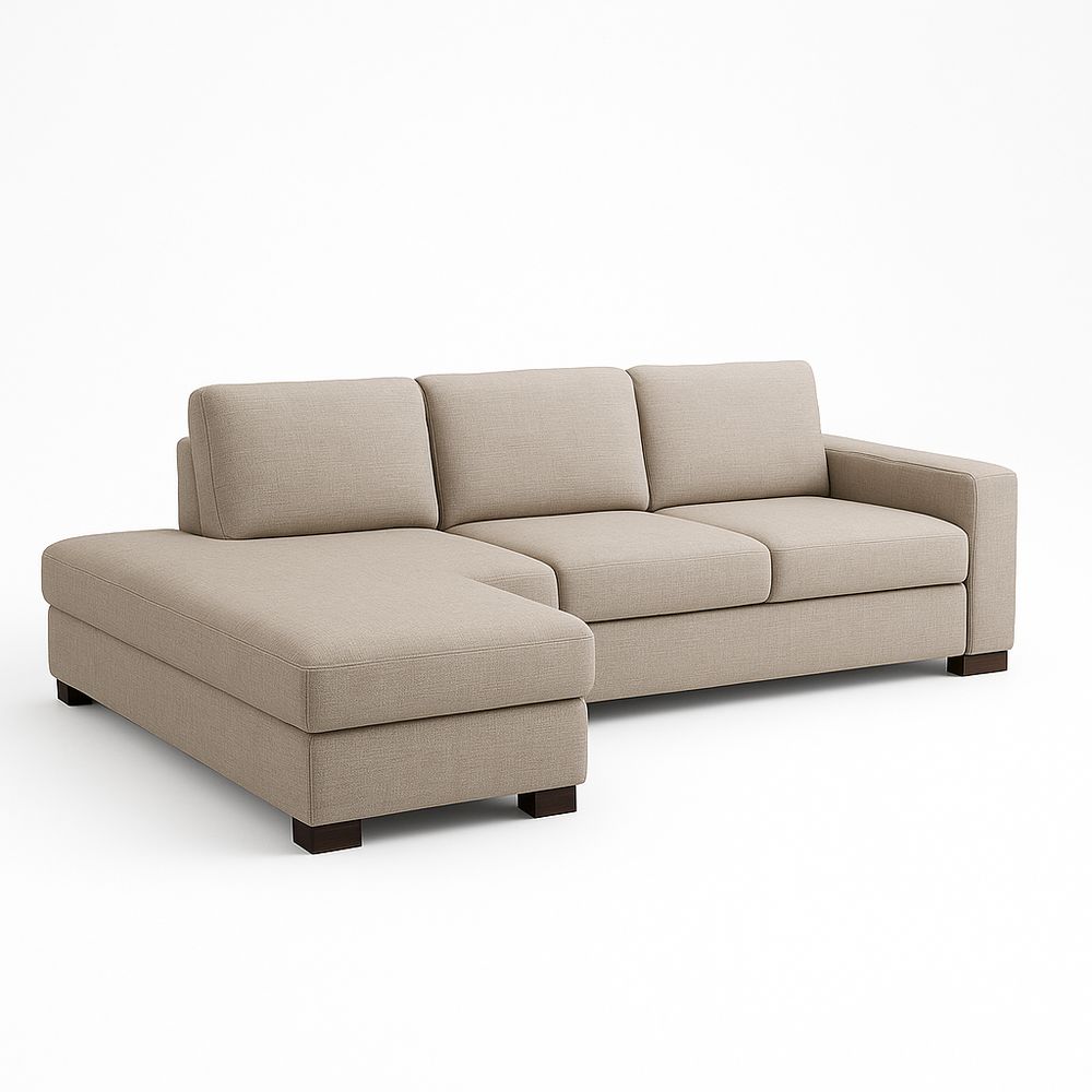 Sofá Seccional Moderno en Tela Beig con Chaise Longue y Estructura de Madera