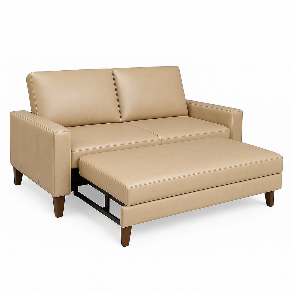 Sofá de dos plazas de cuero sintético, moderno y cómodo con otomana, color beige