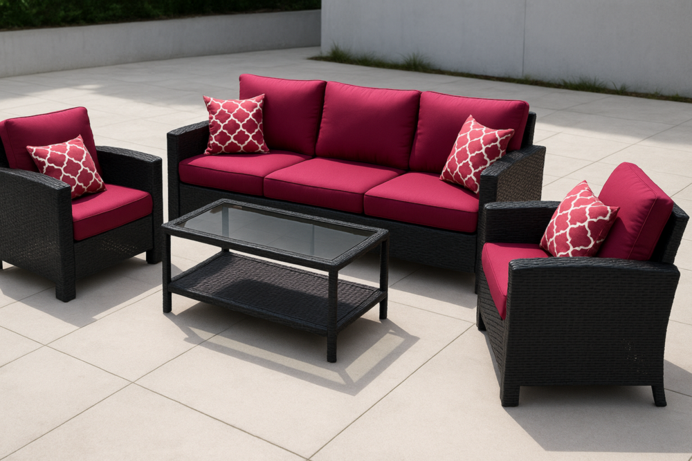 Conjunto de jardín 3 plazas con sofá, sillones, mesa de centro y cojines decorativos para exterior
