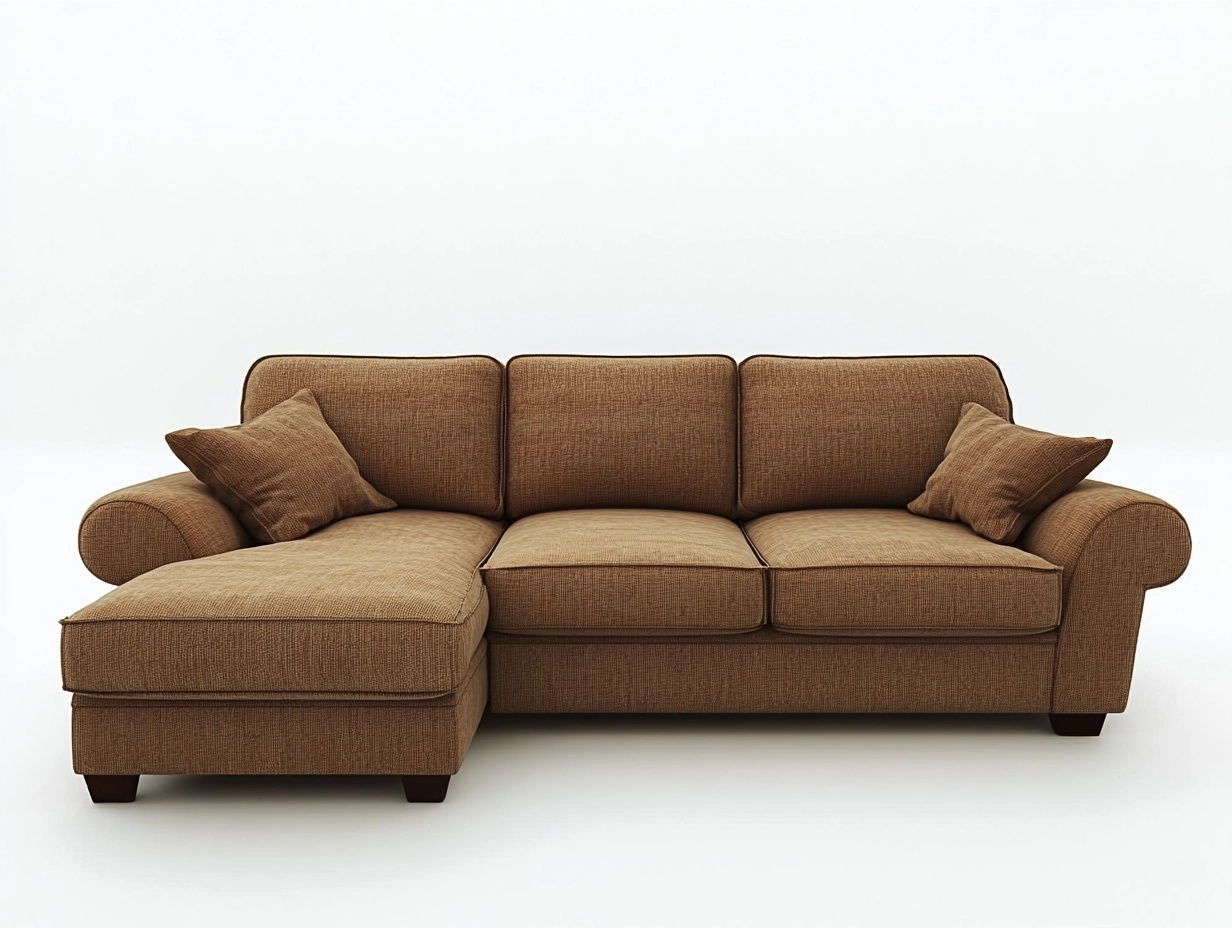 Sofá Esquinero de Tela Marrón con Chaise Longue y Cojines