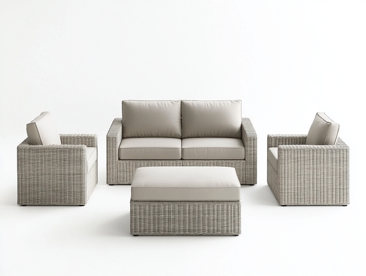 Conjunto de sofá de jardín 4 plazas con estructura de ratán gris y cojines beige ET3897156