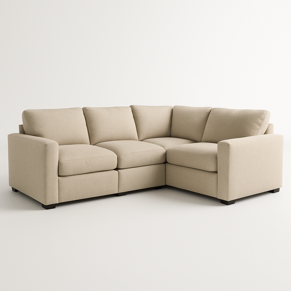 Sofá esquinero espacioso y cómodo de tejido beige, sofá de 3 o más plazas para salón