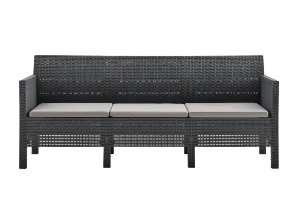 Sofá de jardín de 3 plazas con cojines PP ratán gris antracita