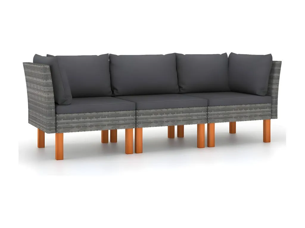 Sofá de jardín de 3 plazas con cojines ratán sintético gris