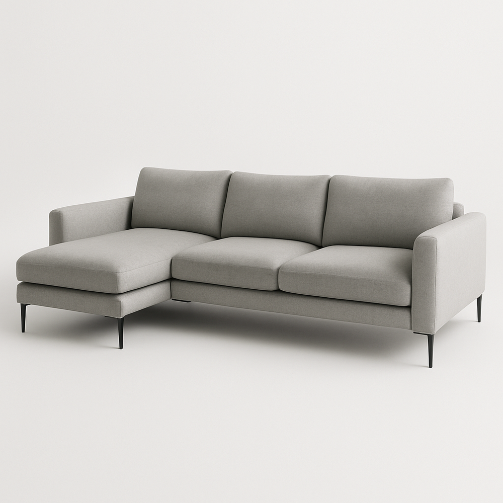 Sofá esquinero moderno para sala de estar con chaise longue, tapizado en tela gris. Medidas: 250x110x85 cm.