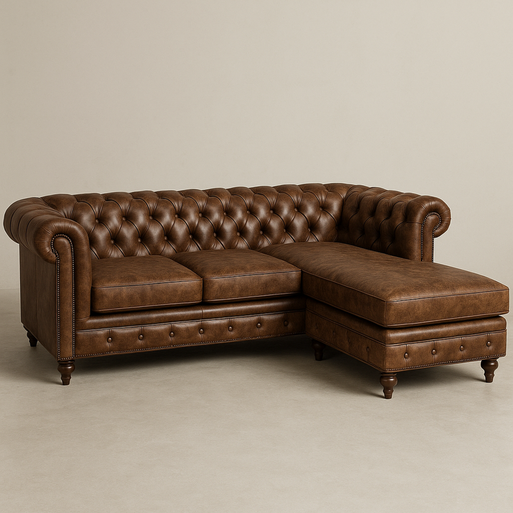 Sofá Chaiselongue Clásico Chesterfield de Piel Auténtica Marrón con Estructura de Madera Maciza, 250 x 150 x 75 cm