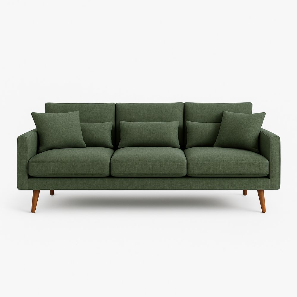 Sofá moderno de tres plazas verde con cojines adicionales,diseño minimalista y estructura de madera