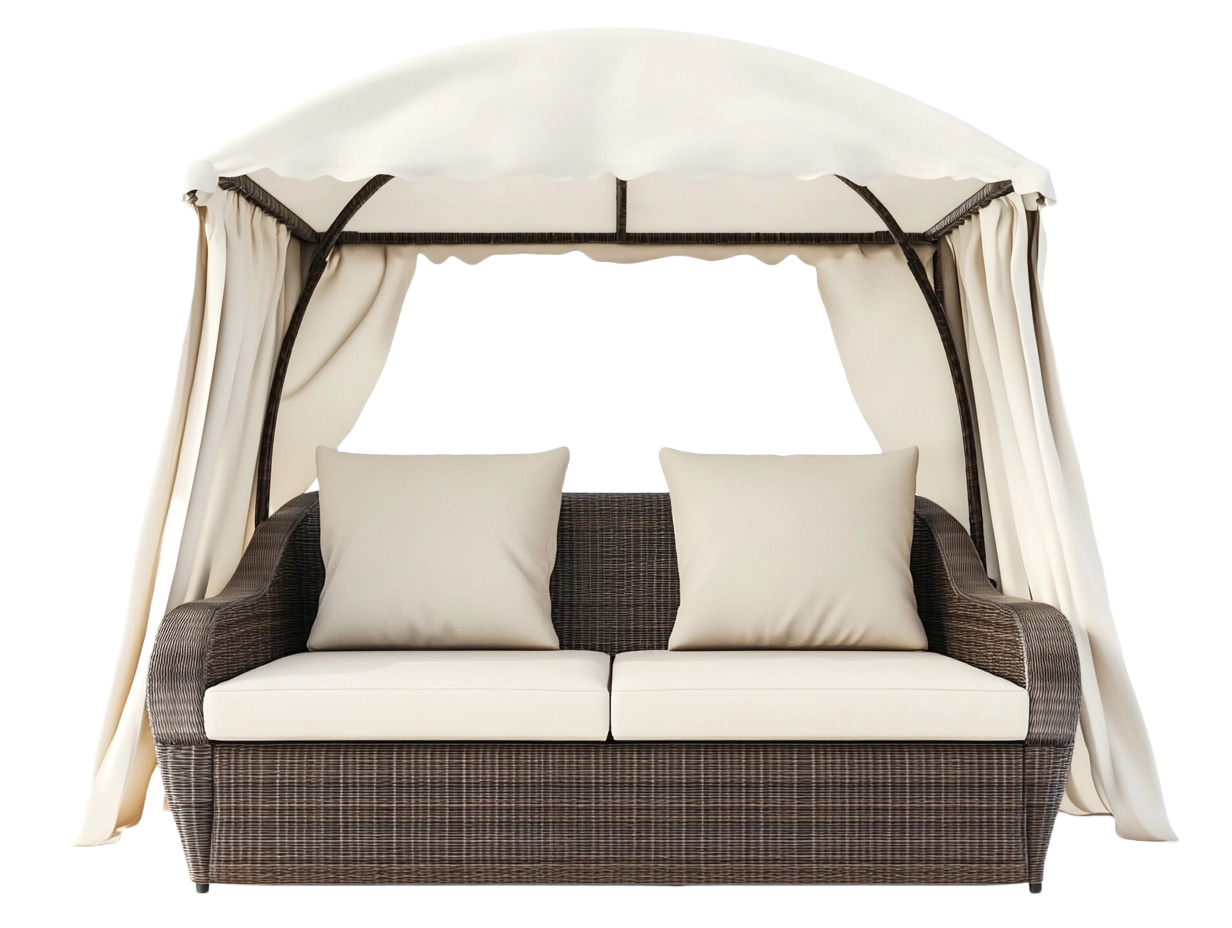 Sofá de jardín de dos plazas con toldo 150x125x240cm color marrón y crema de ratán con cojines la3351710