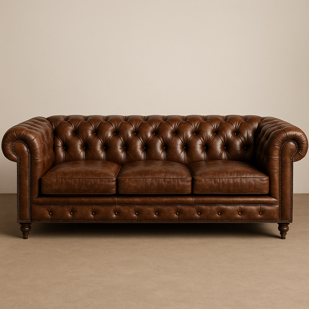 Sofá Chesterfield Clásico Cuero Sala de Estar 3 Plazas Marrón