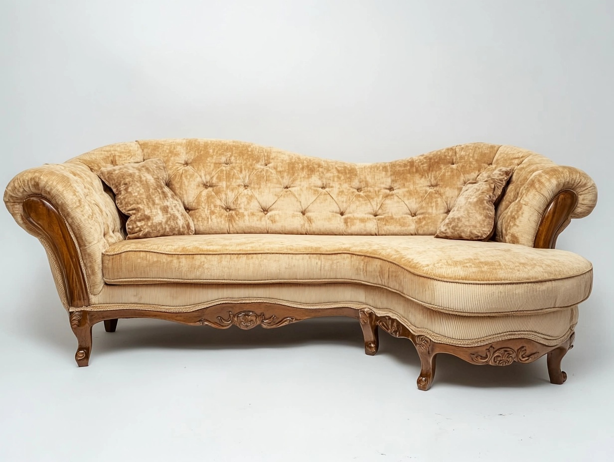 Sofá vintage de terciopelo beige con chaise longue para salón estructura de madera maciza estilo clásico 230x90x95 cm cómodo y elegante zp0206117