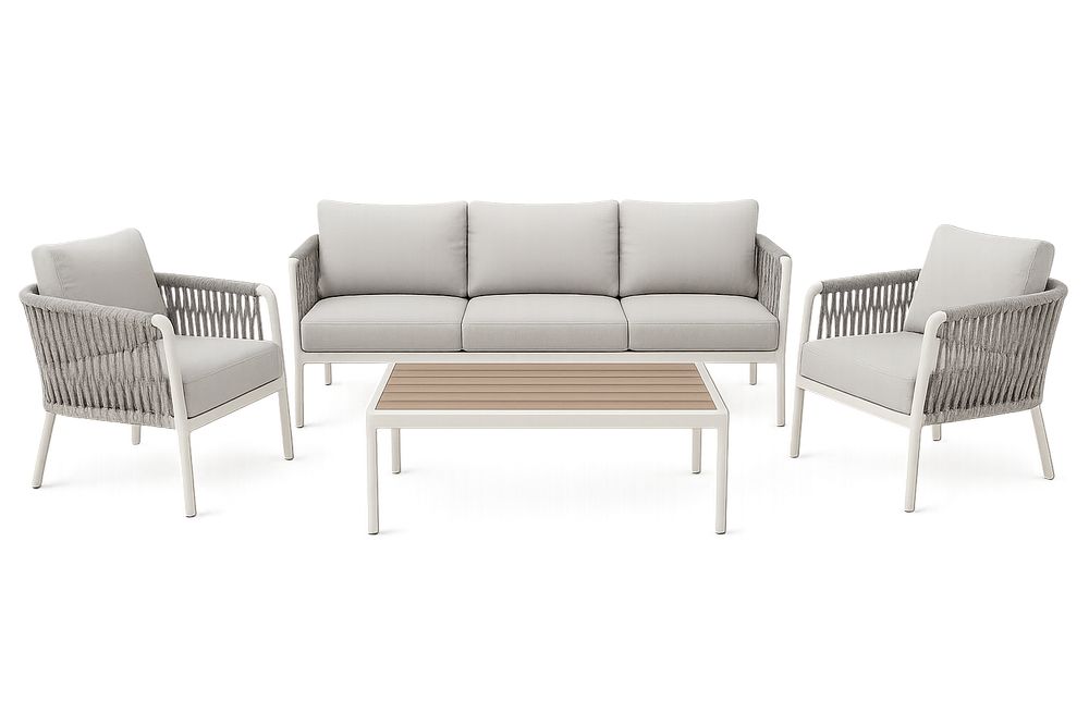 Set de muebles de jardín moderno, sofá 3 plazas con mesa central y sillón, resistente y cómodo