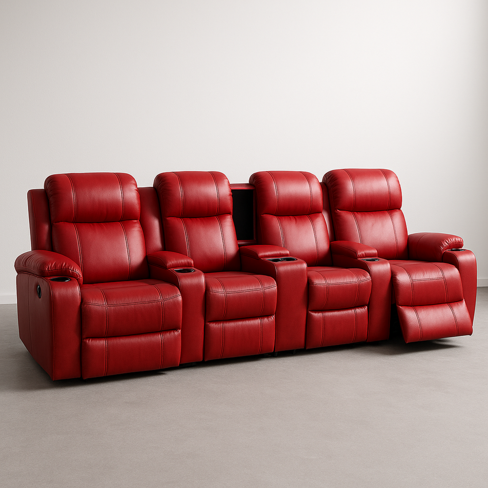 Sofá reclinable rojo de cuero para cine en casa con cuatro plazas y portavasos