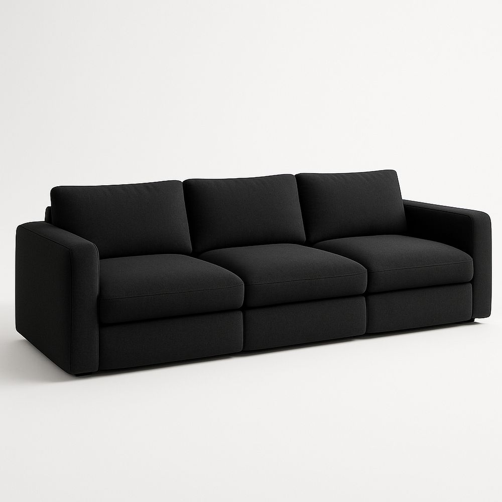 Sofá 3 plazas negro con brazos acolchados y cojines desmontables 220×95×85 cm