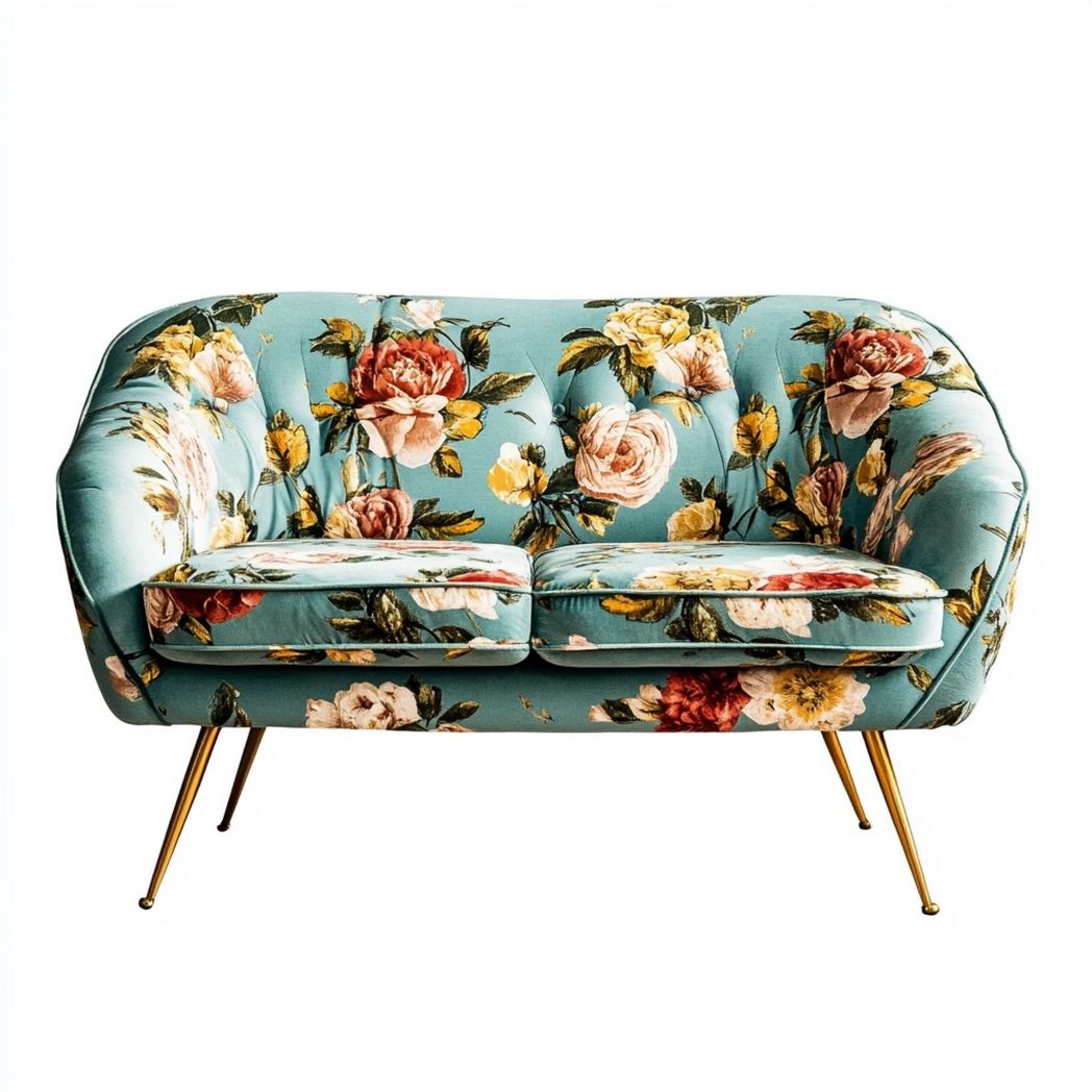 Sofá de dos plazas tapizado en tela con estampado floral multicolor sobre fondo azul, con patas metálicas. Ideal para el salón, combina comodidad y estilo llamativo.