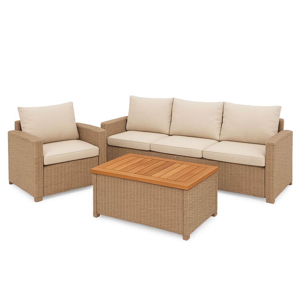 Conjunto de Sofá de Jardín de Ratan con Mesa de Centro, Sofá de 3 Plazas y Sillones Individuales, Estilo Moderno, Color Beige y Madera Natural