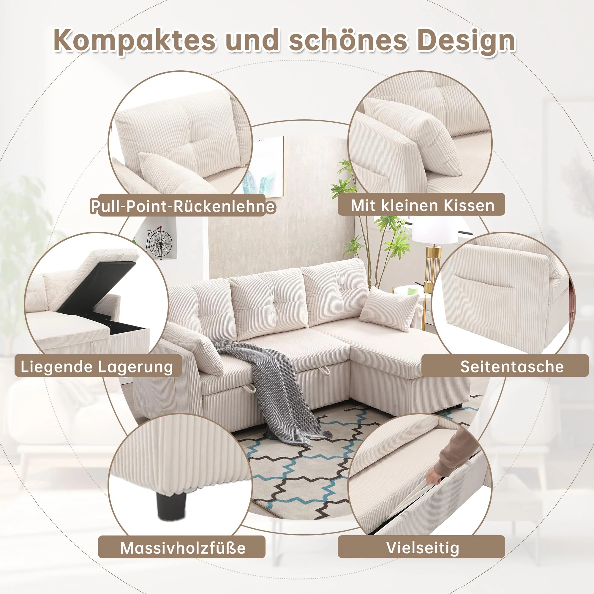 Sofá cama multifuncional en L beige con chaise longue