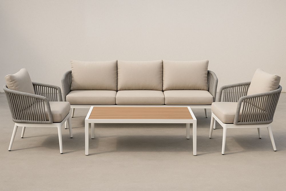Set de muebles de jardín blanco y gris, sofá 3 plazas, sillón y mesa con superficie imitación madera, fácil limpieza