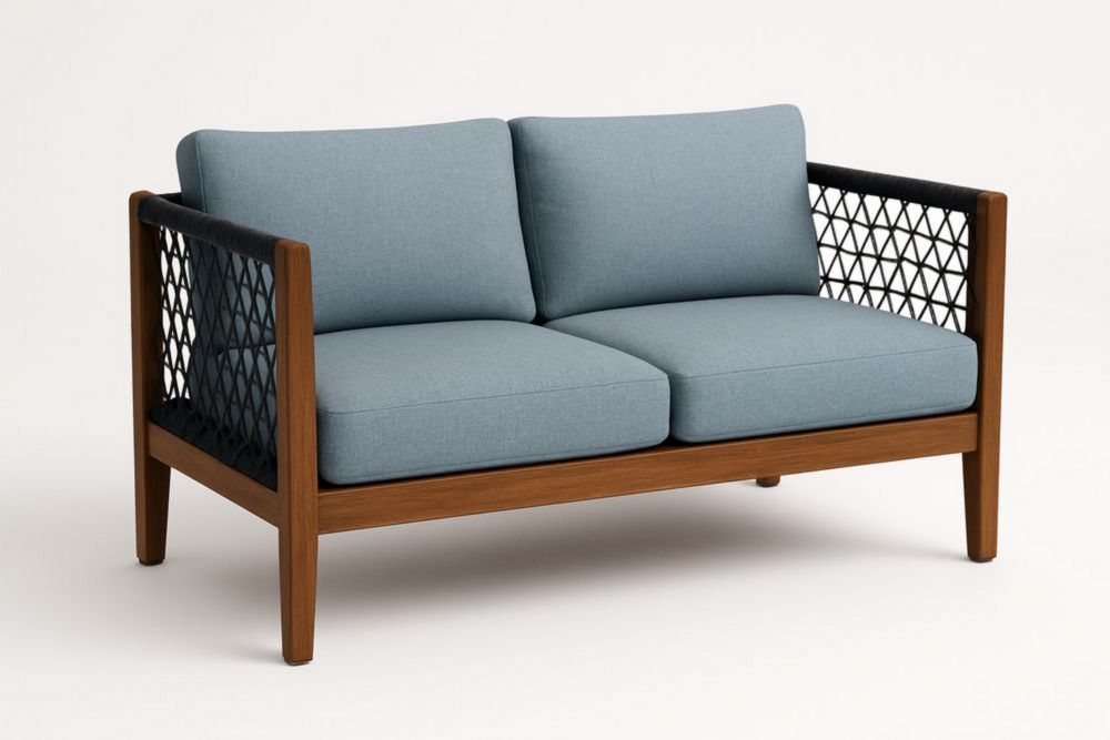 Sofá de dos plazas con cojines azul y estructura de madera maciza con laterales de cuerda trenzada