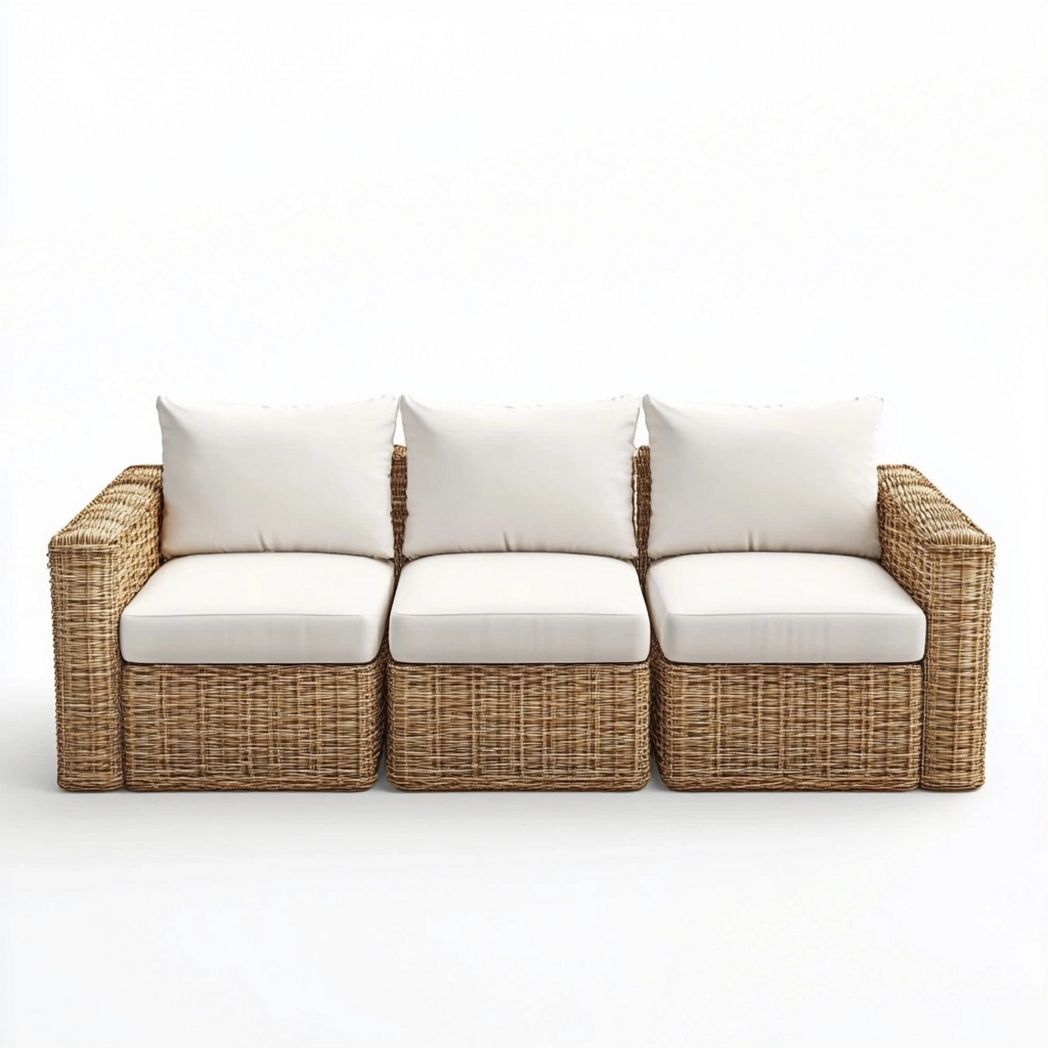 Sofá Modular de Ratán para Exterior con Cojines Blancos para Jardín de 3 Plazas