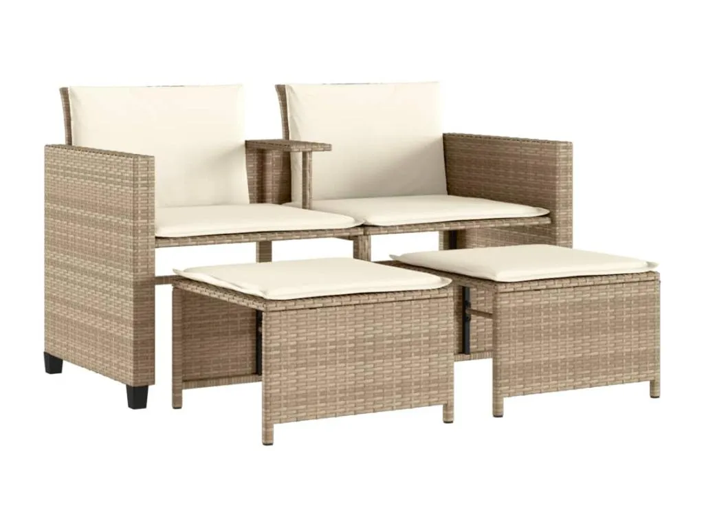 Sofá jardín 2 plazas con mesa auxiliar y taburetes ratán PE beige RV4762415