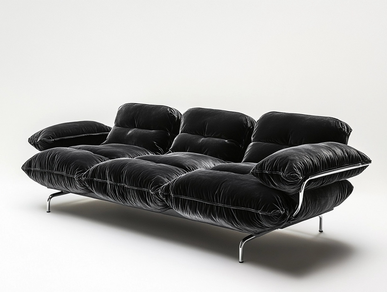 Sofá de 3 plazas negro con estructura curva de acero inoxidable, 220x100x70 cm