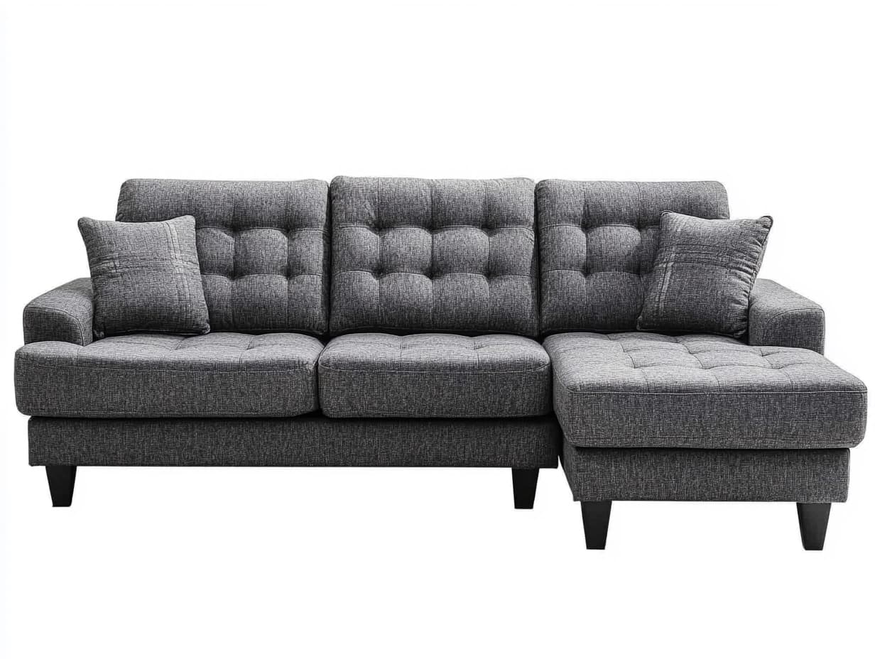 Sofá seccional gris oscuro de 3 plazas con chaise longue tapizado en tela y patas de madera