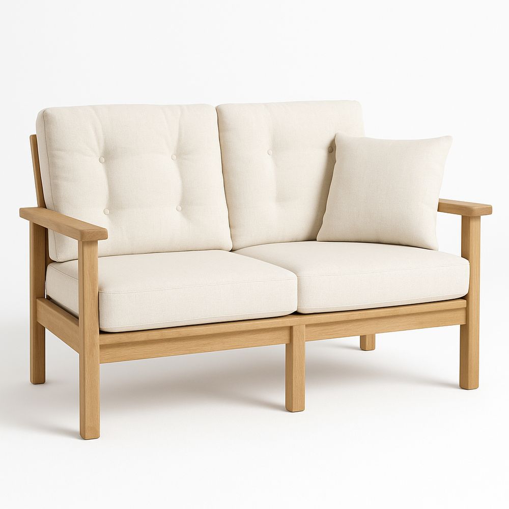 Sofá de dos plazas moderno con estructura de madera,tapizado en tejido claro,ideal para salas de estar